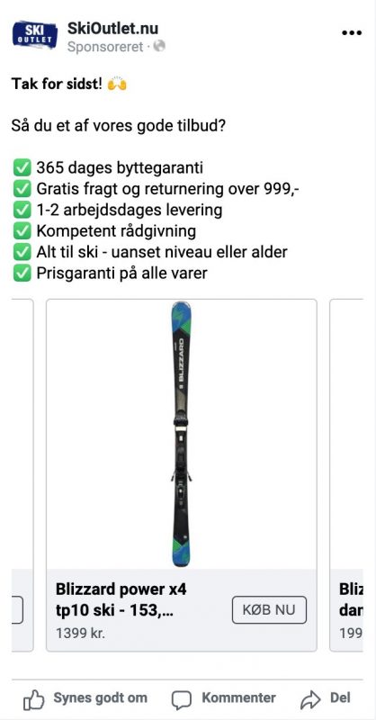 skioutlet dynamisk produkt facebook annoncering ski