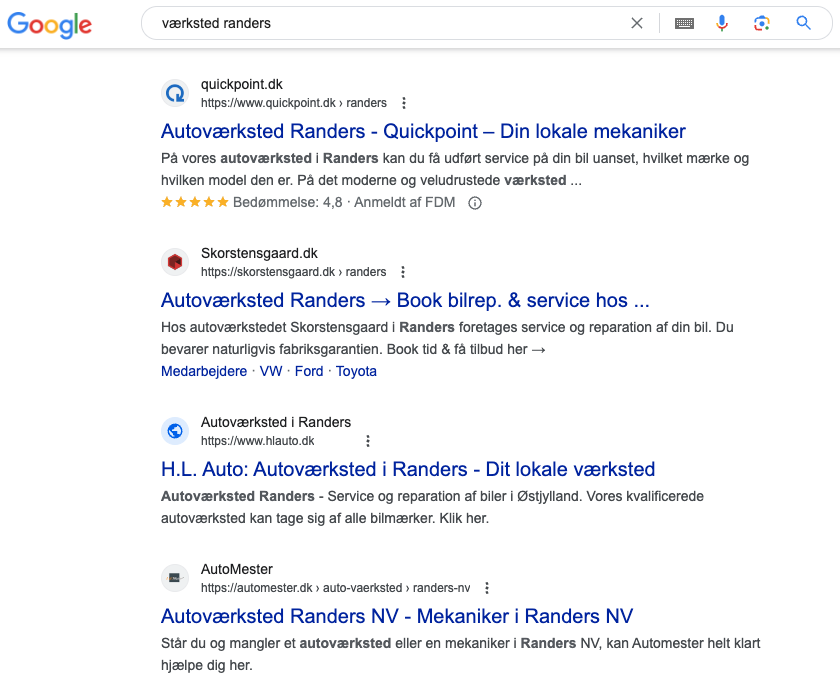 Google snippet fra lokal SEO i Randers