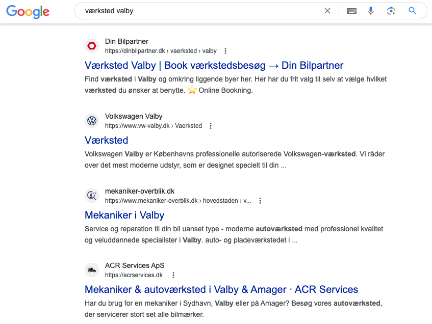 Lokal søgning efter et værksted i Valby på Google
