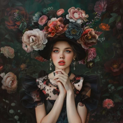 Kreativt billede med en pige og blomster hat fra Midjourney